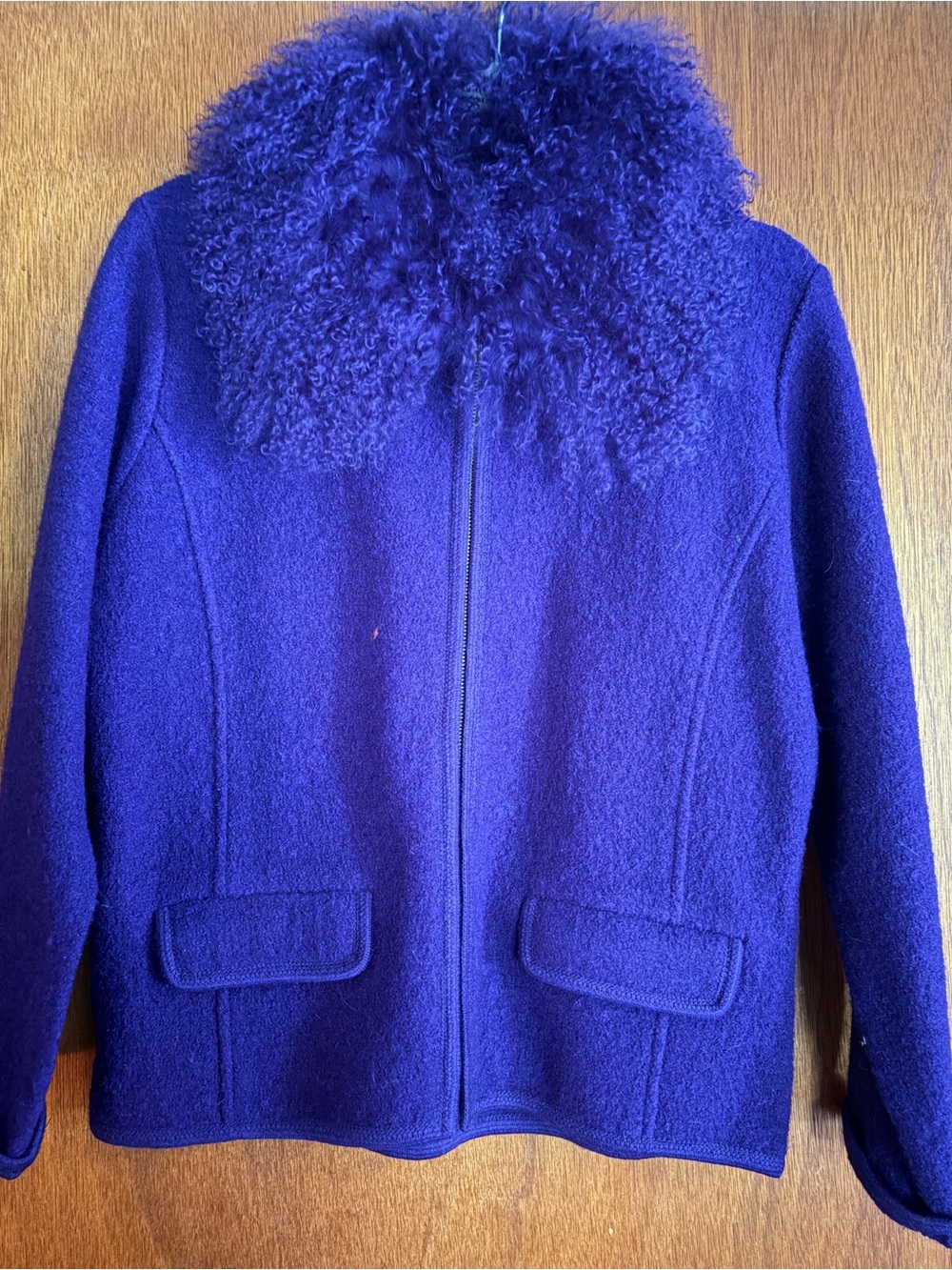 Sally B Designs Womens M Purple 100% Boiled Wool Jacket Detachable Fur Collar
